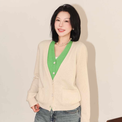 PENNYPENG 温柔记忆 V领假两件定制双股28支纱线羊绒轻奢针织开衫