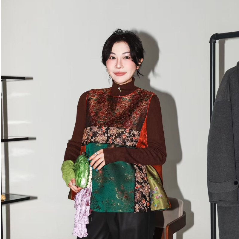 圆领桑蚕丝复古设计感马甲