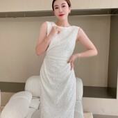 PENNYPENG早春欧若风气质显瘦收腰名媛设计师百搭白色珠片背心裙