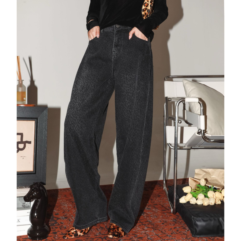 哑光高级感做旧豹纹牛仔裤