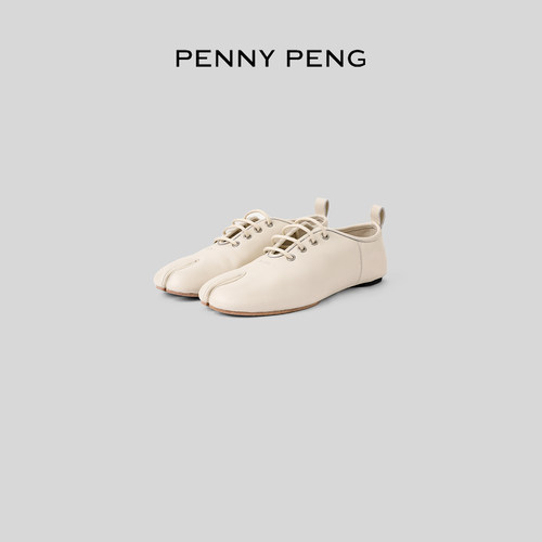 PENNYPENG 羊皮分趾 复古英伦风休闲百搭分趾系带羊皮革平底鞋