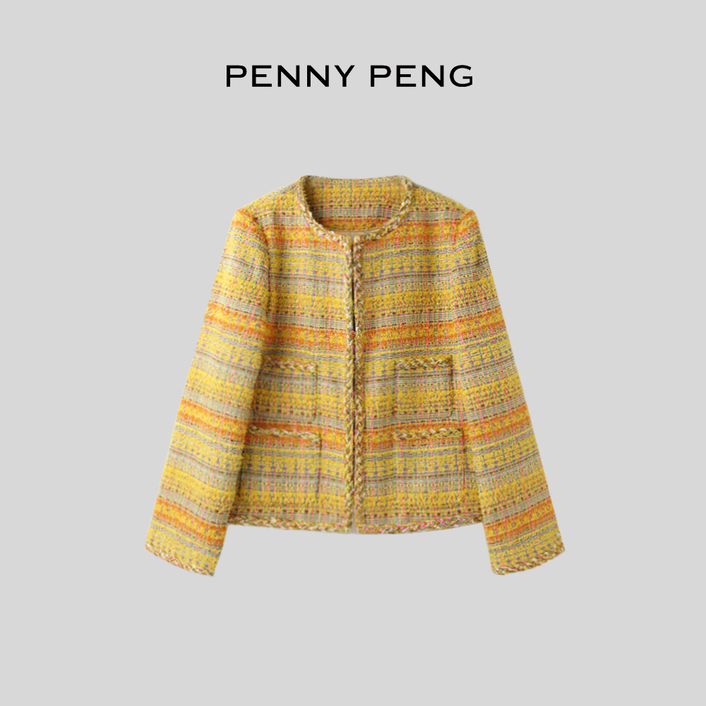 黄色小香风圆领粗花呢短外套女