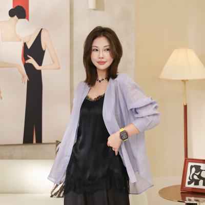 提花随性百搭无领苎麻长袖衬衫
