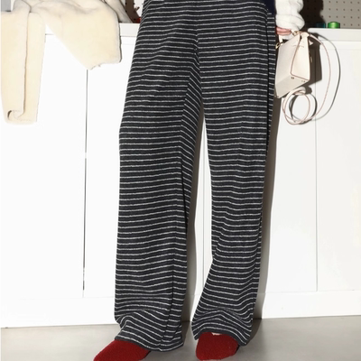 桑蚕丝羊毛阔腿裤条纹休闲裤