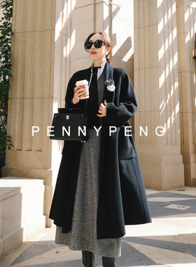 PENNYPENG温暖定格 黑色大翻领双面尼口袋全羊绒长款大衣 DT04114