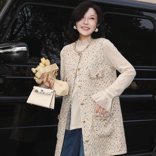 真丝缎里布花边小香风圆领马甲
