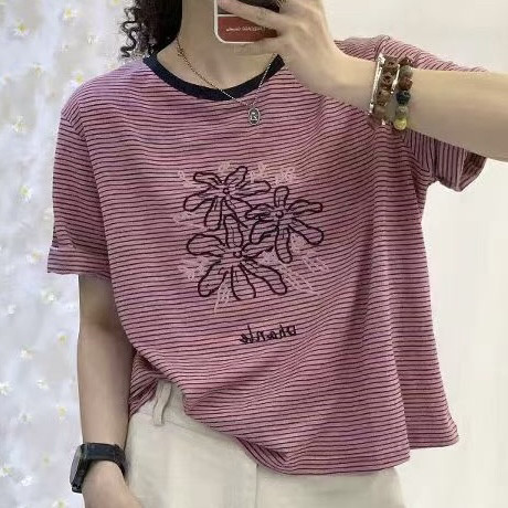 2025夏季新款拼色圆领短袖条纹T恤女刺绣薄款竹节棉薄款上衣59长