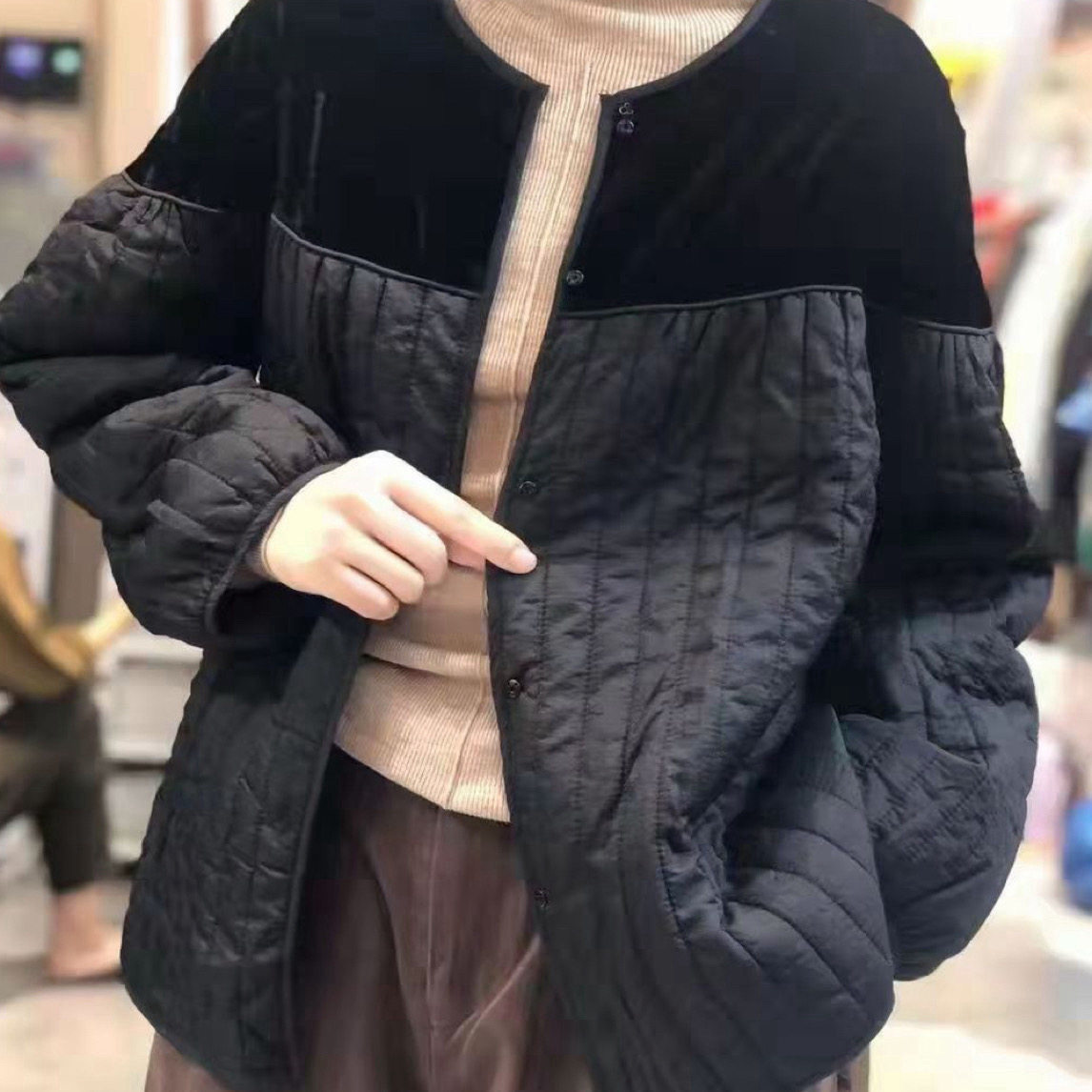 2026秋冬装宽松丝绒拼接棉服短外套女复古百搭小个子夹棉保暖棉衣