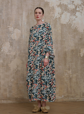 新中式极简Y84小众显瘦袍子佛系宽松气质超长文艺复古长袖连衣裙