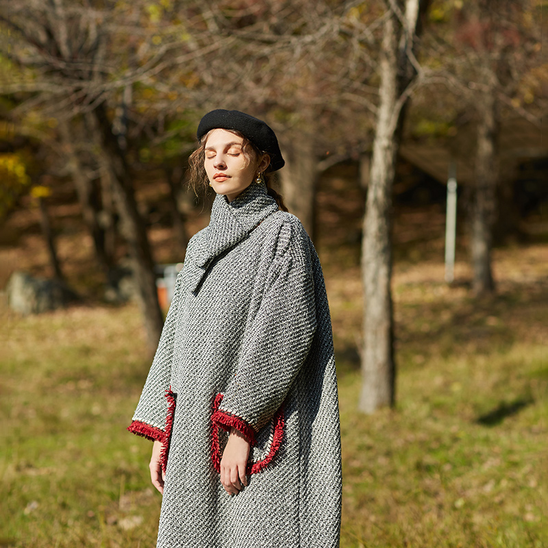 q105秋冬粗花呢复古保暖大袍子