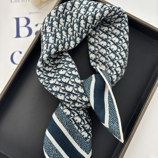 2026新款蓝色D字母羊毛围巾春季真丝小丝巾女韩版高级感真丝方巾