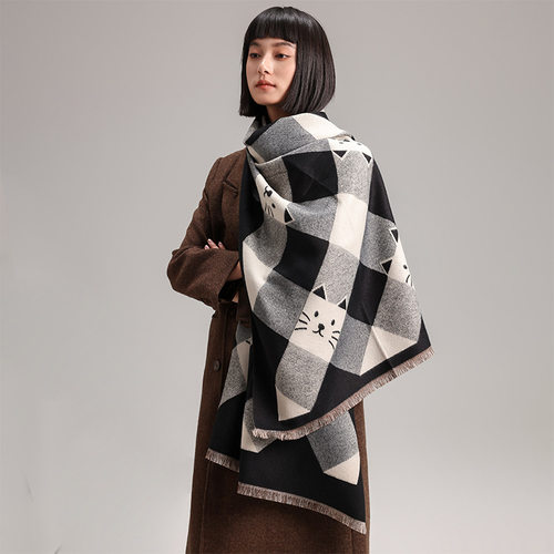 几何方斜线小猫咪装饰动物甜美可爱小清新风秋冬款女士仿羊绒围巾