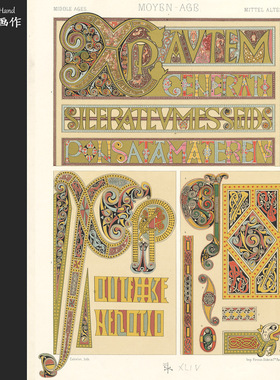 法国1869年石印版画美式装饰画/Auguste Racinet/中世纪花体字母