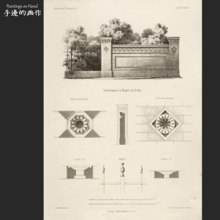 德国1860年古董石印版画Vintage收藏/建筑师手稿/莫阿比特花园PL3