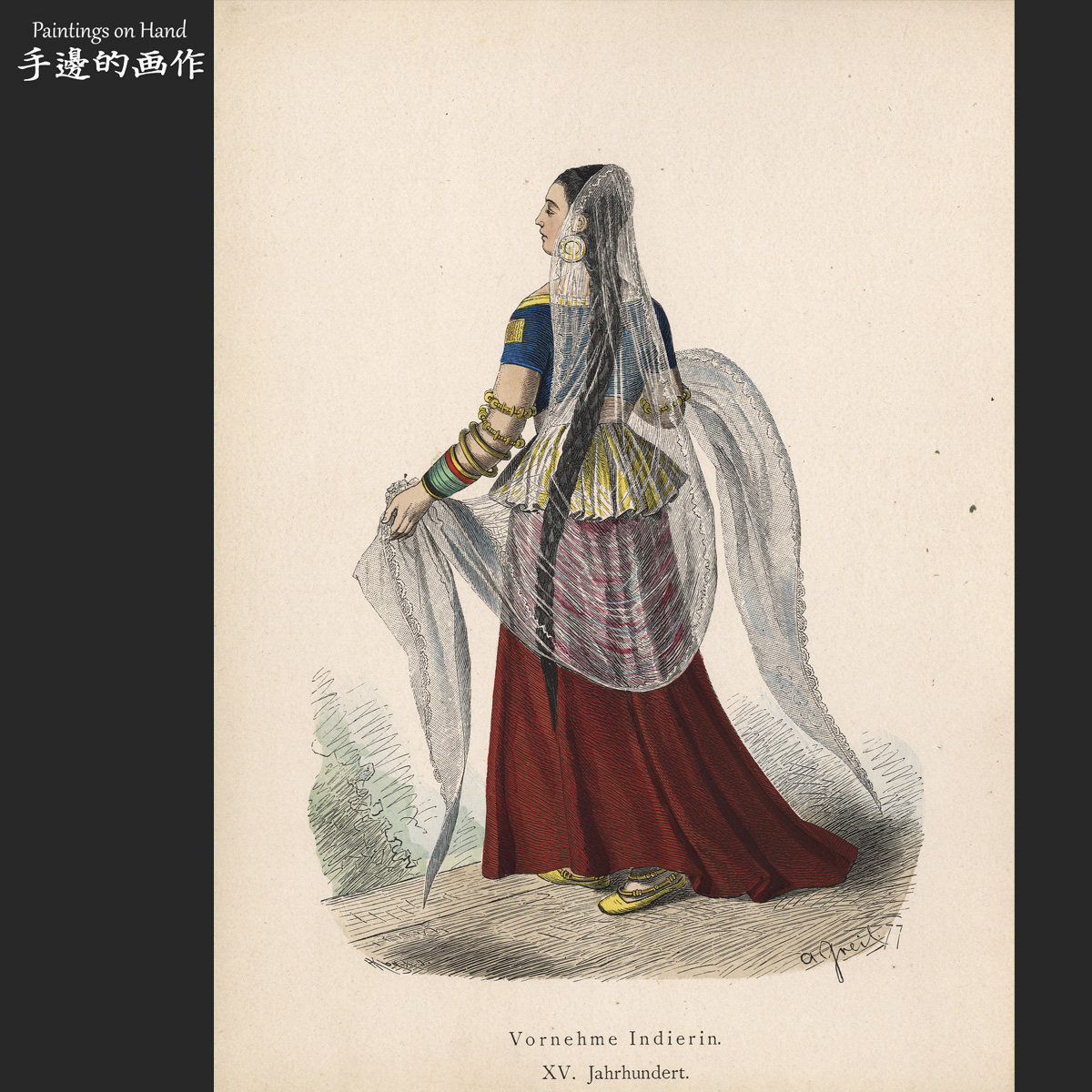 德国1877年古董手工上色木刻版画装饰画/服装史 图鉴/15世纪印度