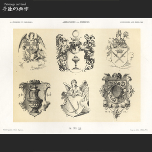 奥地利1900年古董复古木刻+套色石印版画/寓言和标志/纹章 神话