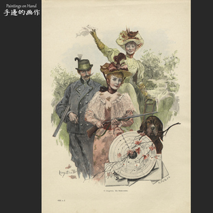 KUNST 德国1894年古董木刻 MODERNE 画收藏 射击高手 套色石印版