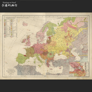 奥地利1891年古董套色石印Antique美式装饰画挂画/欧洲民族分布图