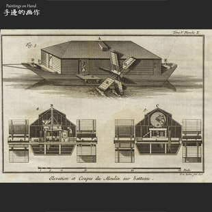 科学 法国1746年古董原版 水磨坊机械 画收藏 Antique铜版 雕版 凹版