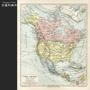 德国1897年古董原版彩色石印版画美式装饰画/迈尔斯/北美洲地图