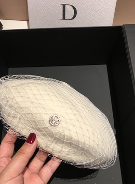 日系网纱毛呢贝雷帽女秋冬季黑色百搭白色画家帽蓓蕾帽子优雅时尚