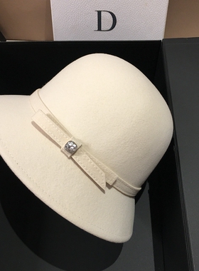 秋冬新品法式复古羊毛呢渔夫帽子女秋冬显脸小盆帽优雅白色礼帽