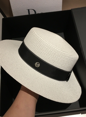 新款草帽女夏季沙滩海边遮阳帽子平顶英伦复古礼帽宽檐防晒百搭潮