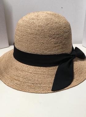 细拉菲草帽女夏沙滩帽子海边太阳帽遮阳帽遮脸出游防晒可折叠百搭