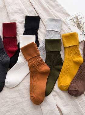 堆堆袜女士长款秋冬纯棉麻花纹纯色甜美学院风保暖胖mm粗腿推推袜