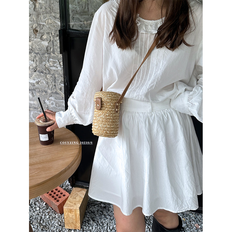 cosy zing 夏季韩国ins风迷你草编包圆形水桶斜跨包海边百搭小包