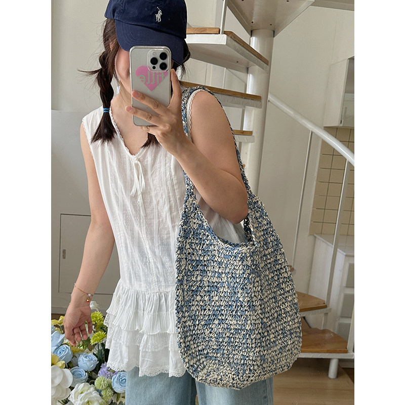 【清仓z】 韩版慵懒风大容量单肩草编包夏季海边度假编织斜跨女包