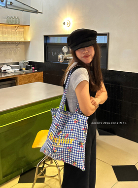 cosy zing 法式复古碎花格子字母单肩帆布包托特包学生手提布包