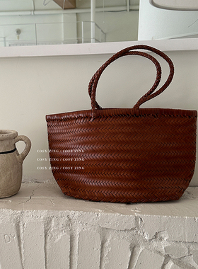 cosy zing 包包女复古ins风进口牛皮手工编织手提包度假菜篮子