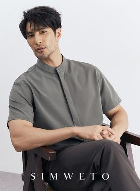 韩版复古绿色泡泡纱新中式男士衣服暗门襟浮雕纹时尚FZOG衬衣宽松