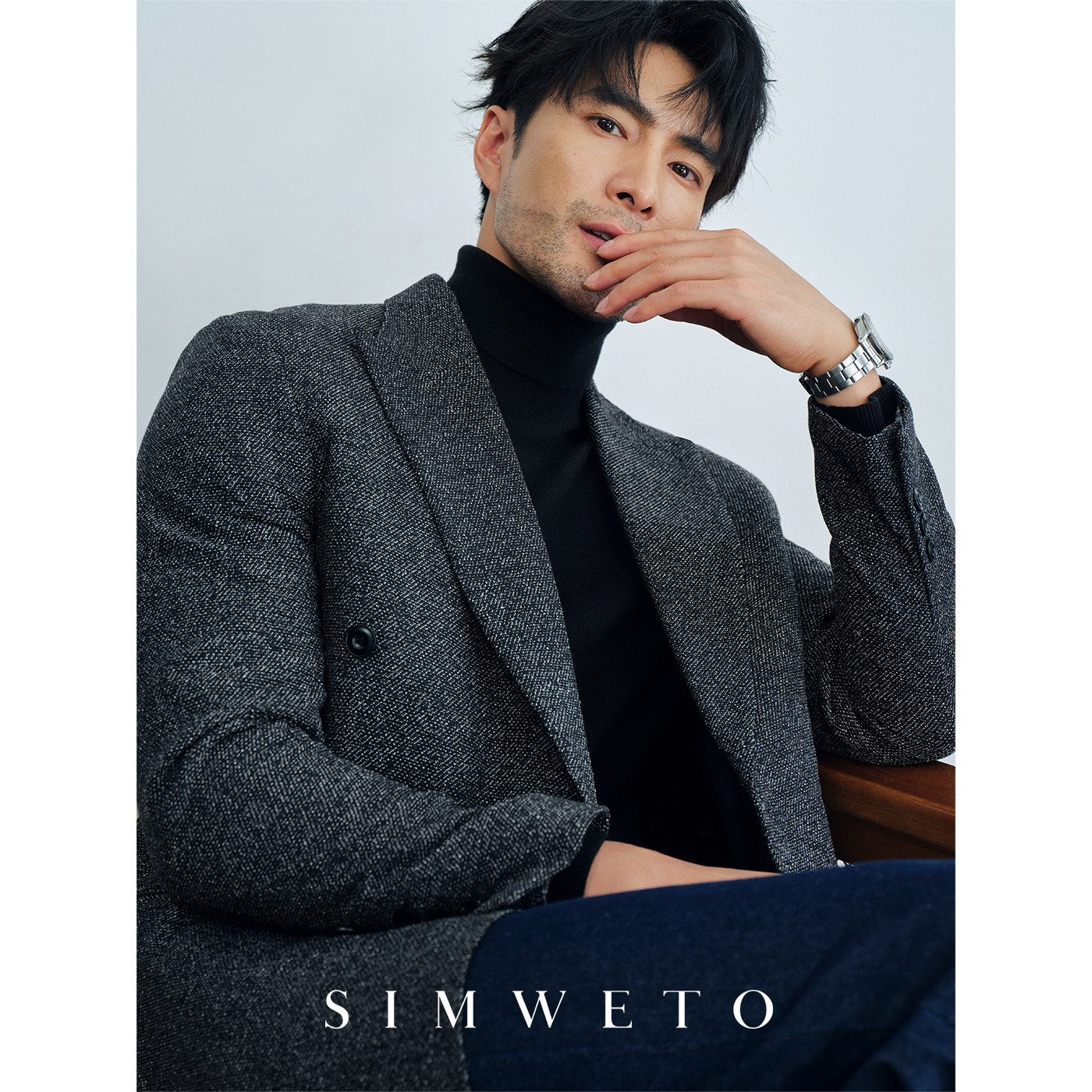 老钱雅致绅士 花纱肌理设计 枪驳领灰色西装休闲双排扣西服外套男