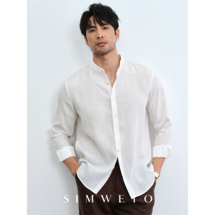 男士 春季 立领衬衫 凉感天丝亚麻 休闲高级感复古白色衬衣 老钱绅士