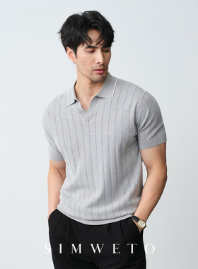 夏季冰爽凉感 海鸥领14针条纹polo衫男款商务复古灰色v领短袖T恤