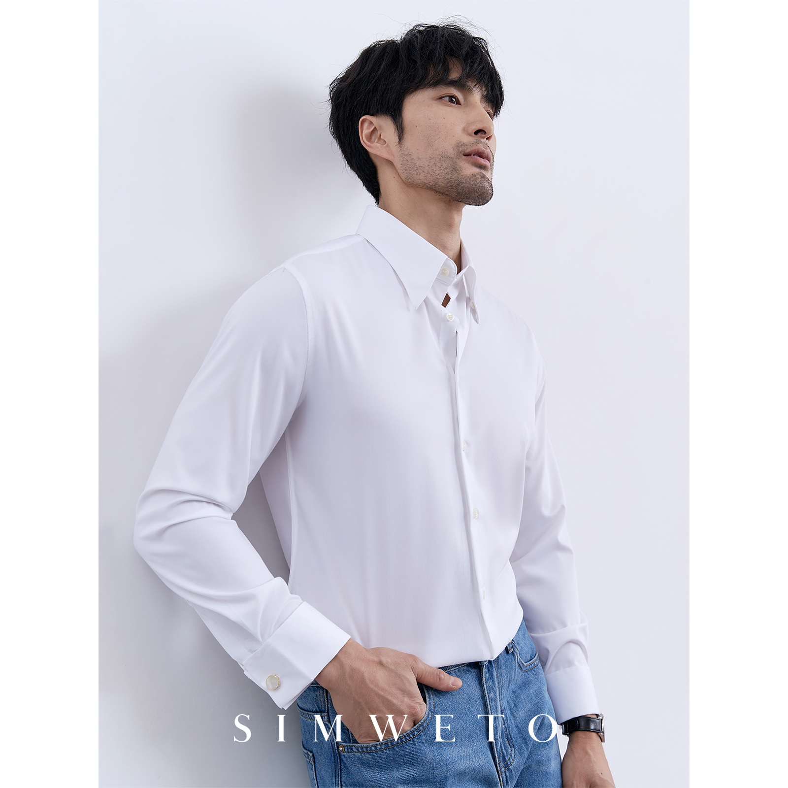 秋季轻奢优雅 莫代尔法式衬衫男士带袖扣休闲百搭结婚白衬衣扣领