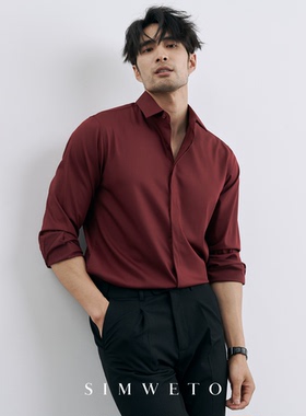 丝滑垂感 老钱绅士高级感免烫结婚衬衫红色男士商务纯色衬衣男款