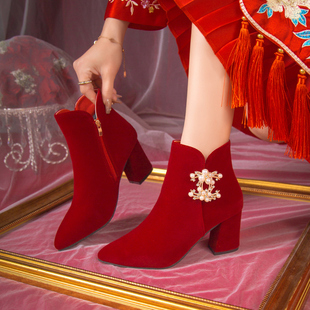 婚鞋女冬季加绒婚靴2025新款结婚新娘秀禾婚纱两穿敬酒红色高跟鞋