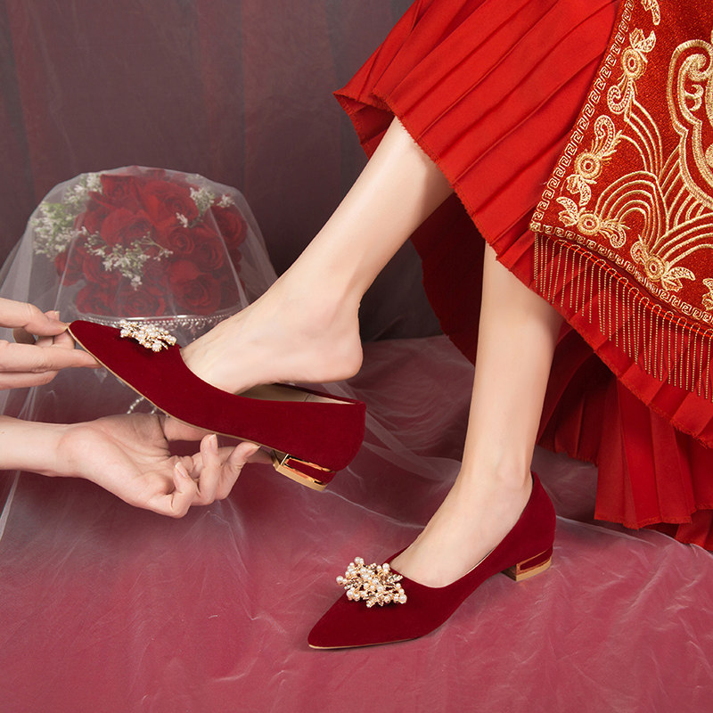 红色婚鞋女低跟孕妇不累脚中式秀禾婚纱两穿2025新款结婚新娘平底,女鞋,婚鞋,淘宝优惠券,粉丝福利购,淘宝优惠卷