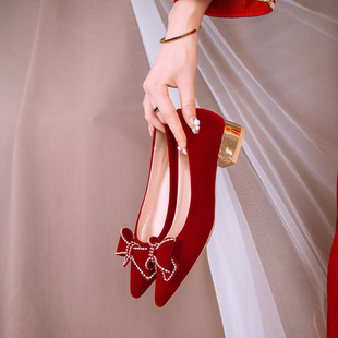 婚鞋女红色秀禾婚纱两穿3厘米孕妇粗跟不累脚2025新款结婚新娘鞋