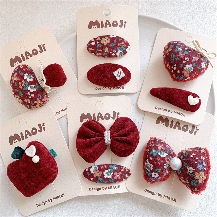 新款酒红绒布充棉蝴蝶结苹果儿童发夹侧边刘海夹女童碎发BB夹发卡