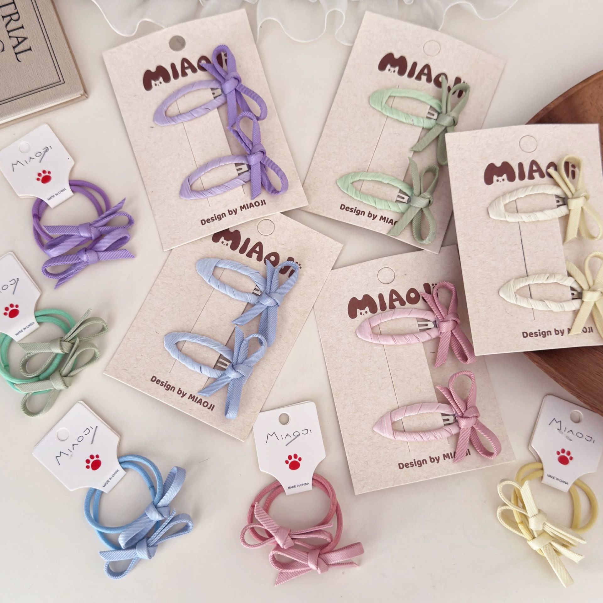 新款马卡龙细织带蝴蝶结儿童发夹发圈对装发卡边夹BB夹皮筋