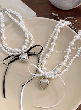 2024新款轻奢小众多层珍珠项链 金属爱心蝴蝶结织带颈链锁骨链女