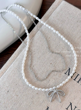 小米珠珍珠项链颈链叠戴银色蝴蝶结锁骨链女2024新款爆款轻奢小众
