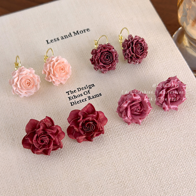 复古浪漫仿真干花玫瑰花耳钉耳钩温柔超仙气质高级感永生花耳环女