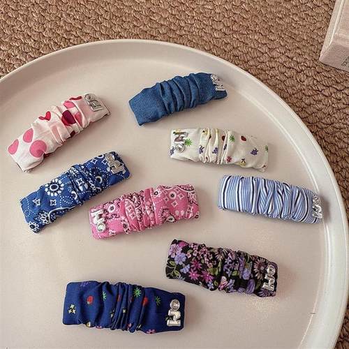 韩系气质百搭牛仔掰掰夹刘海夹时尚褶皱发夹少女碎花布艺BB夹边夹