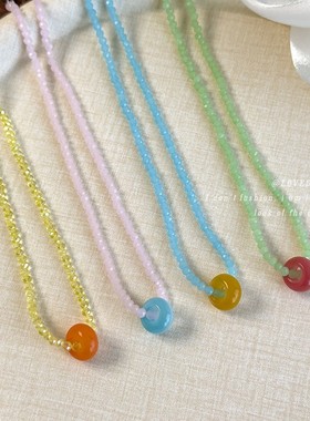 小清新彩色亚克力水晶串珠项链锁骨链少女颈链女夏日清凉甜美项链