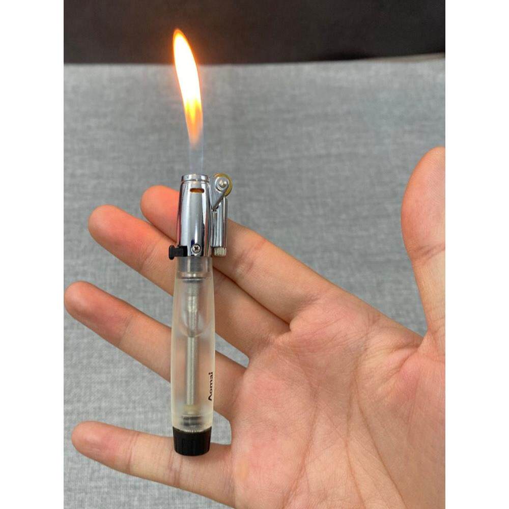 奥麦新款砂轮火石明火打火机定火锁火透明大气箱耐用充气款打火机